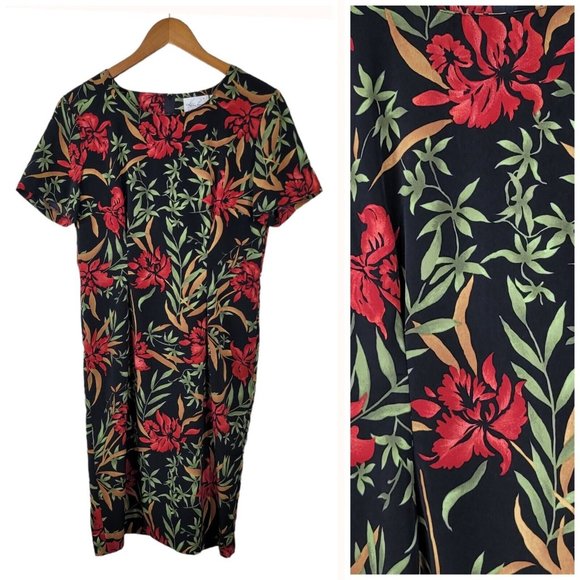 Vintage 90s Kathy Lee Tropical Sheath Dress size Medium unlined Red Knee Length - Picture 1 of 6